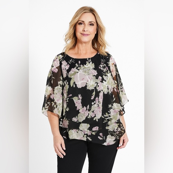 Alex Evening 3/4 sleeve scoop asymmetrical hem floral chiffon blouse Triple Tier - Picture 1 of 13